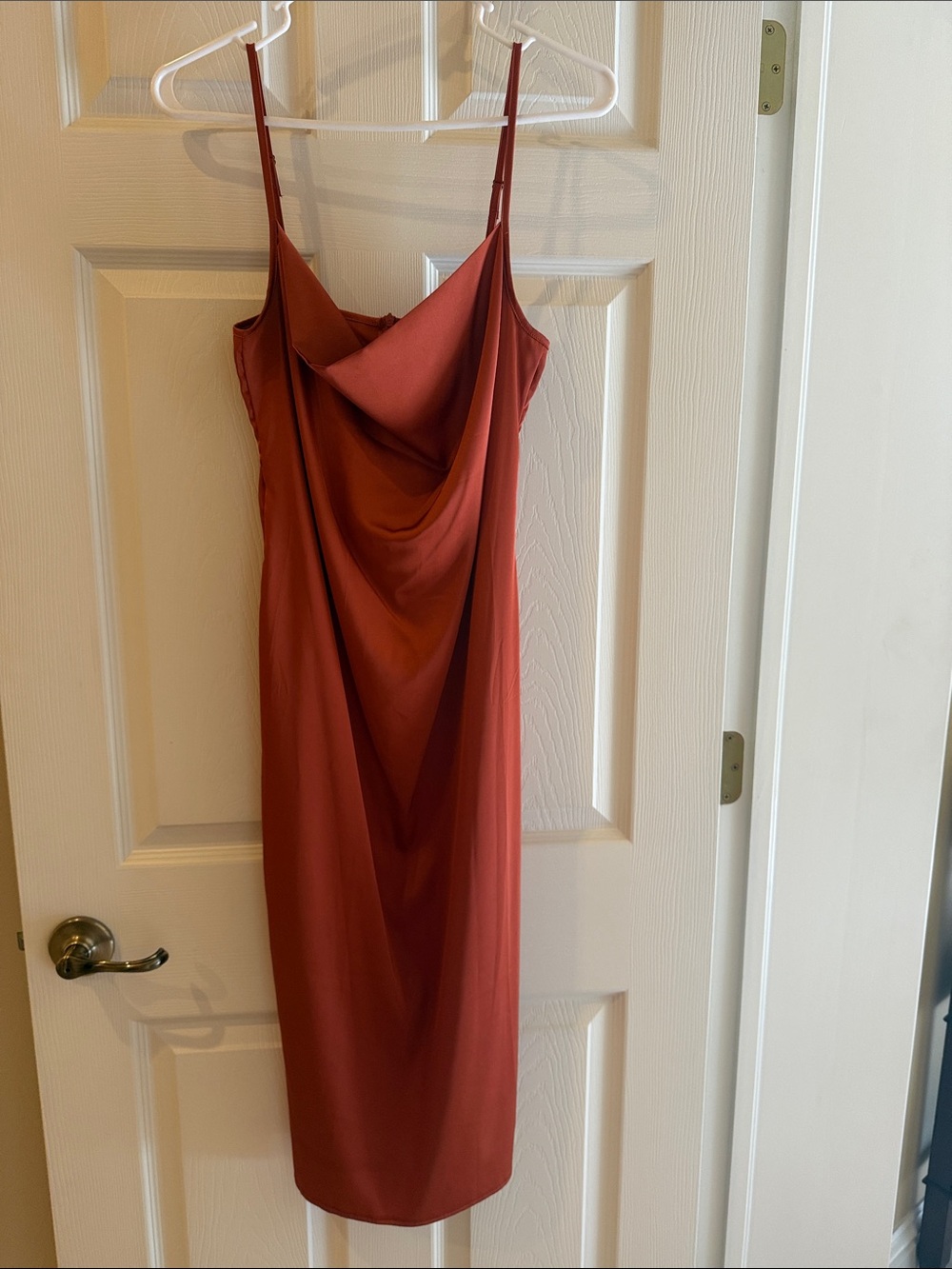 Cowl-Neck Slip Midi Dress in Rusty Terracotta
